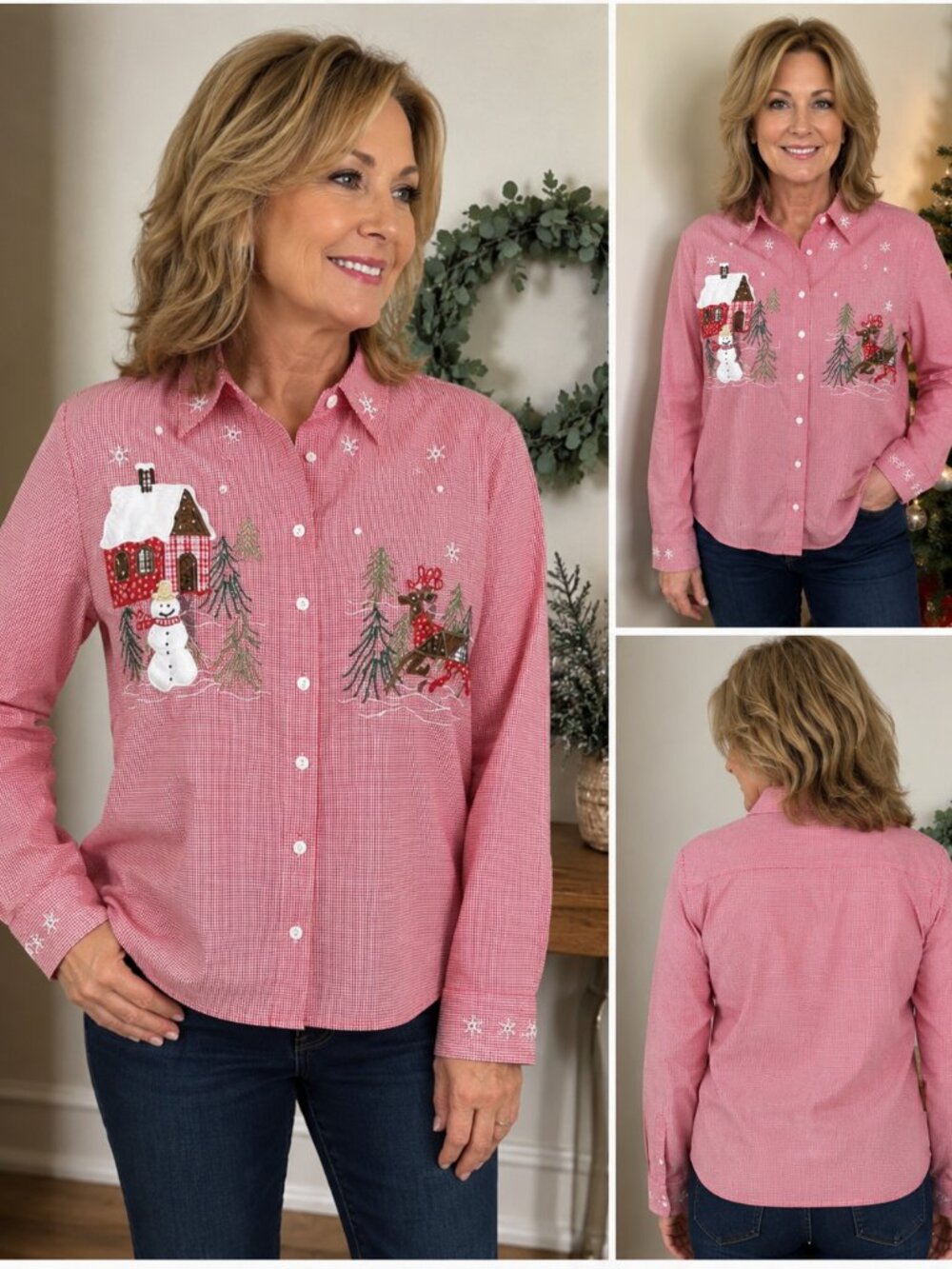 Karen Scott Christmas in July Vintage Holiday Gingham Button Down Shirt XL